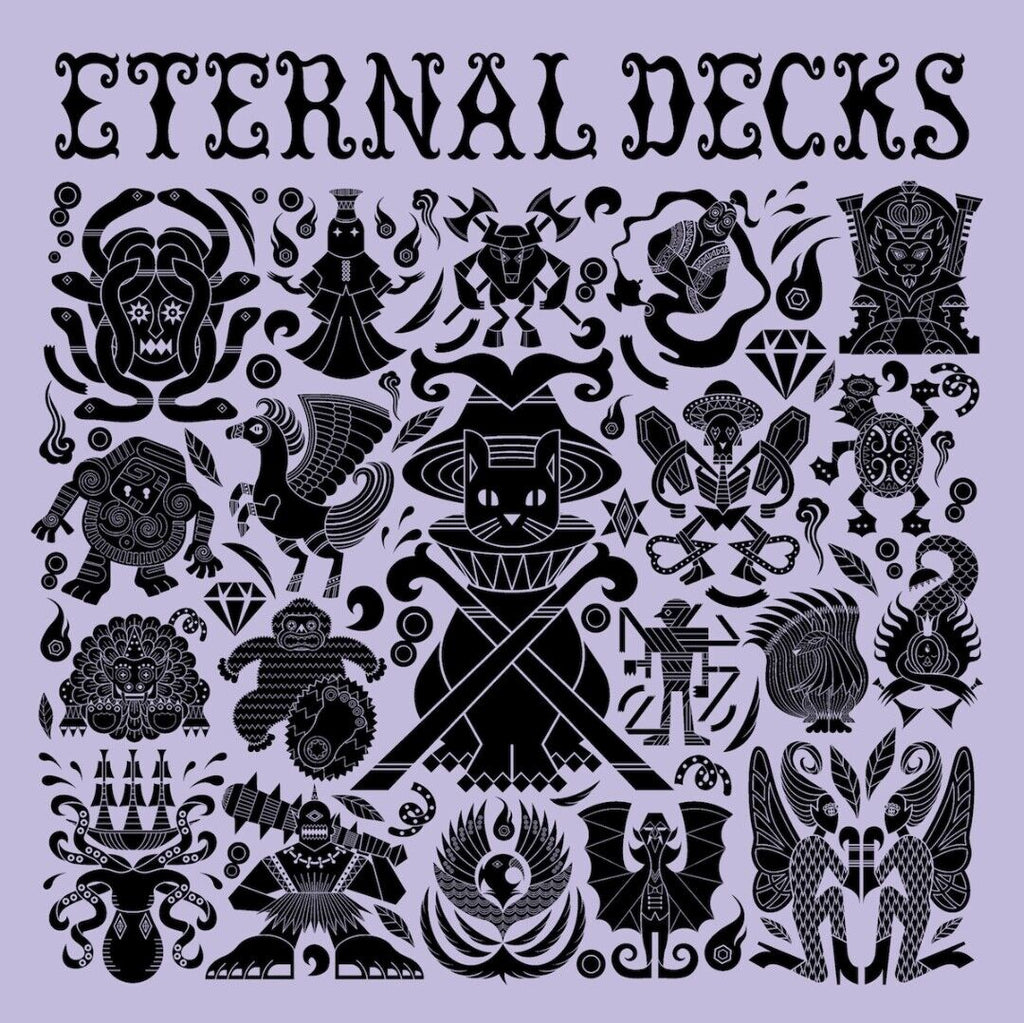 Collection of black symbols and designs on a light purple background with 'Eternal Decks' text at the top.