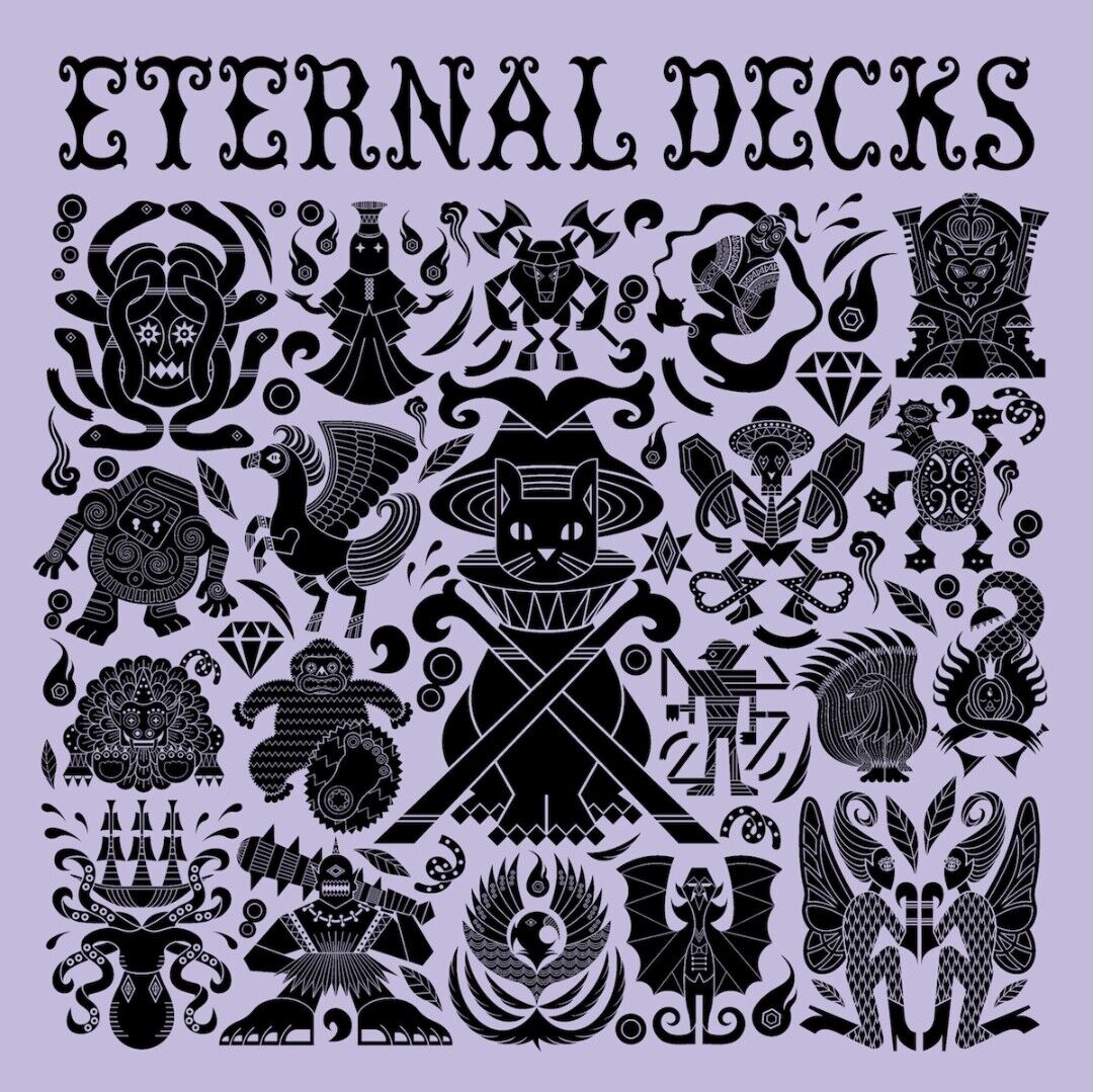 Collection of black symbols and designs on a light purple background with 'Eternal Decks' text at the top.