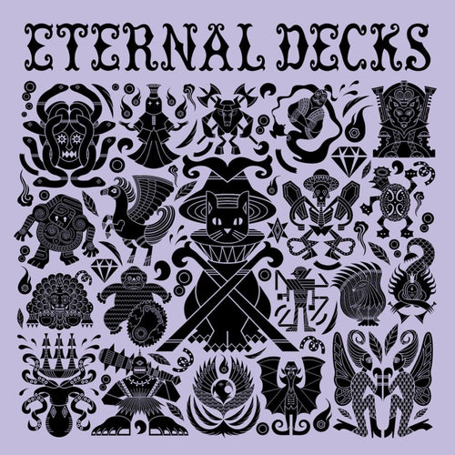 Collection of black symbols and designs on a light purple background with 'Eternal Decks' text at the top.